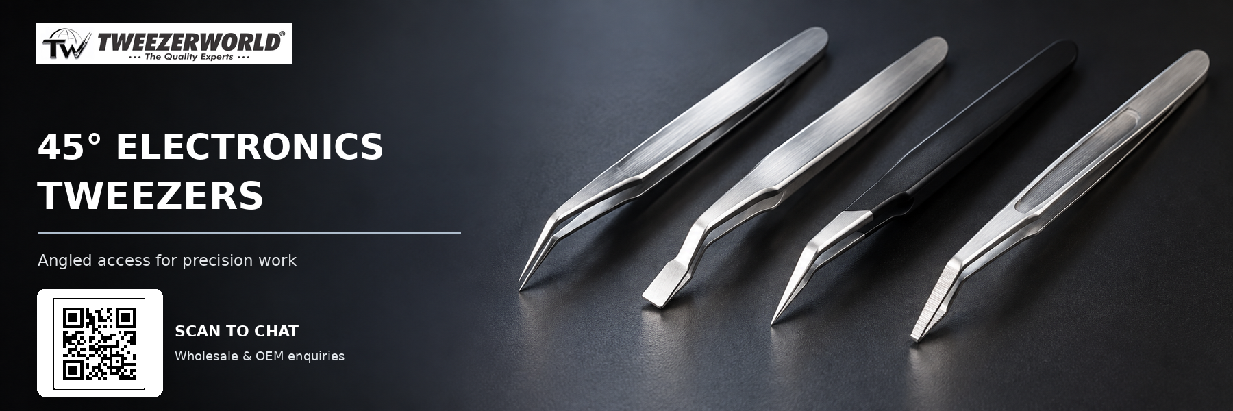 Four 45° electronics tweezer styles for precision work, with TWEEZER WORLD logo and WhatsApp QR code.