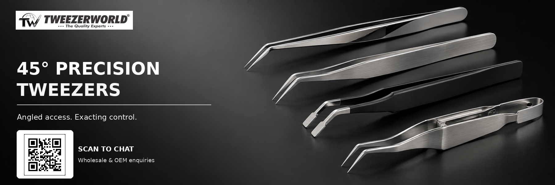 Four 45° precision tweezer styles for detailed handling, with TWEEZER WORLD logo and WhatsApp QR code.