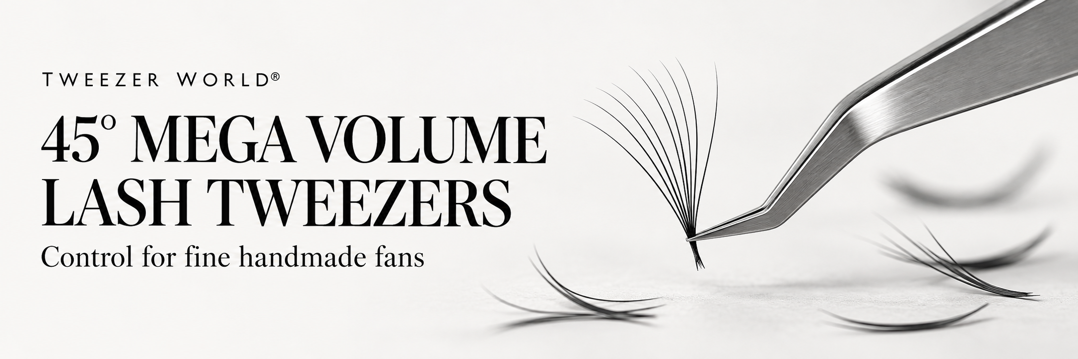45° mega volume lash tweezers holding a fine handmade lash fan.