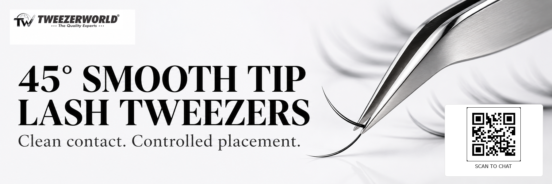45° smooth tip lash tweezers holding a single lash extension, with TWEEZER WORLD® branding and WhatsApp QR code.