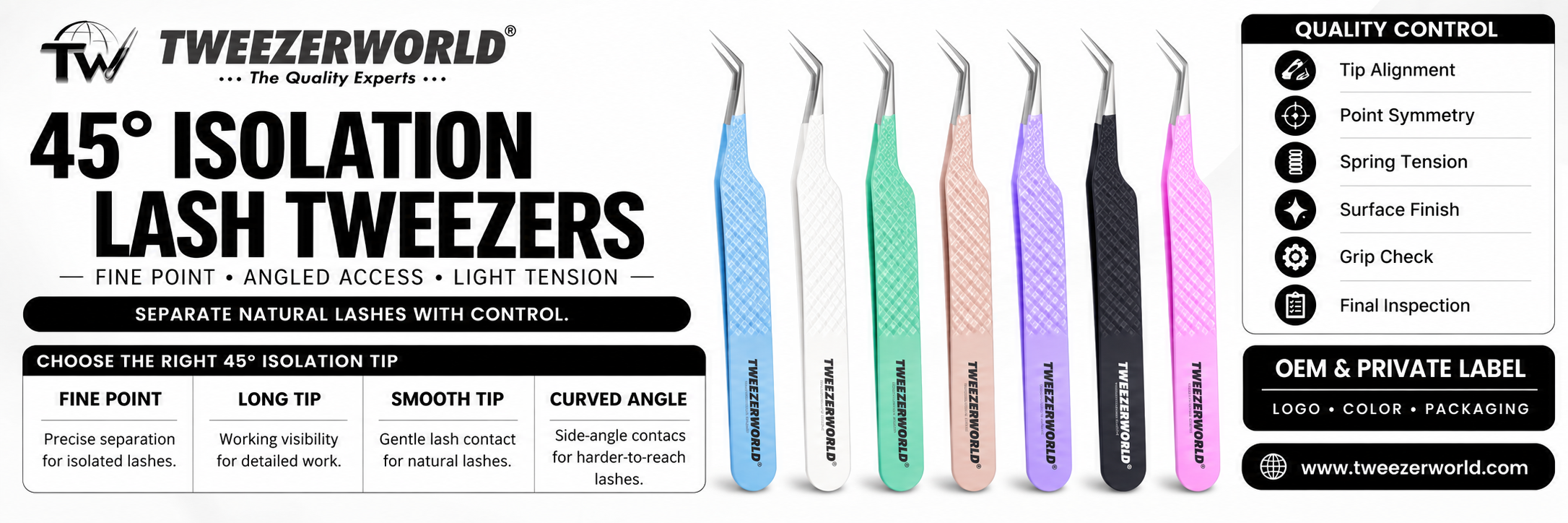 45° isolation lash tweezers in seven colors with fine-tip comparison and quality-control details | TWEEZER WORLD