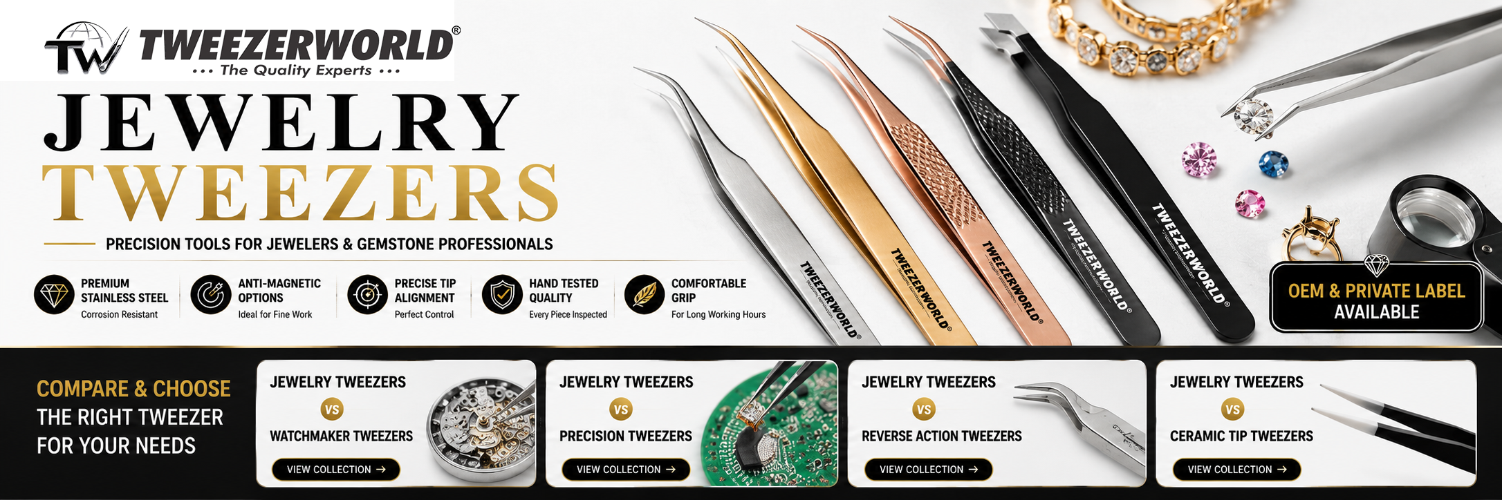 Jewelry Tweezers Collection | Precision Stainless Steel Tweezers for Diamond Setting, Gemstone Handling, Watchmaking & Fine Jewelry Manufacturing | TWEEZER WORLD®