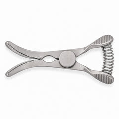 DeBakey Glover Bulldog Clamp – Curved, 15 mm Jaw — top view, catalogue illustration on white background