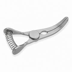 DeBakey Glover Bulldog Clamp – Curved, 25 mm Jaw — reverse three-quarter view, catalogue illustration on white background