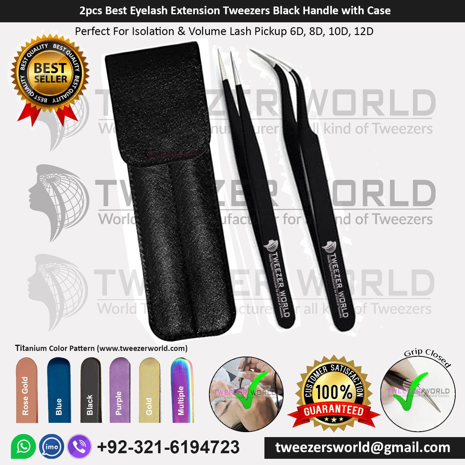 Titanium Black 2pcs Best Eyelash Extension Tweezers Set