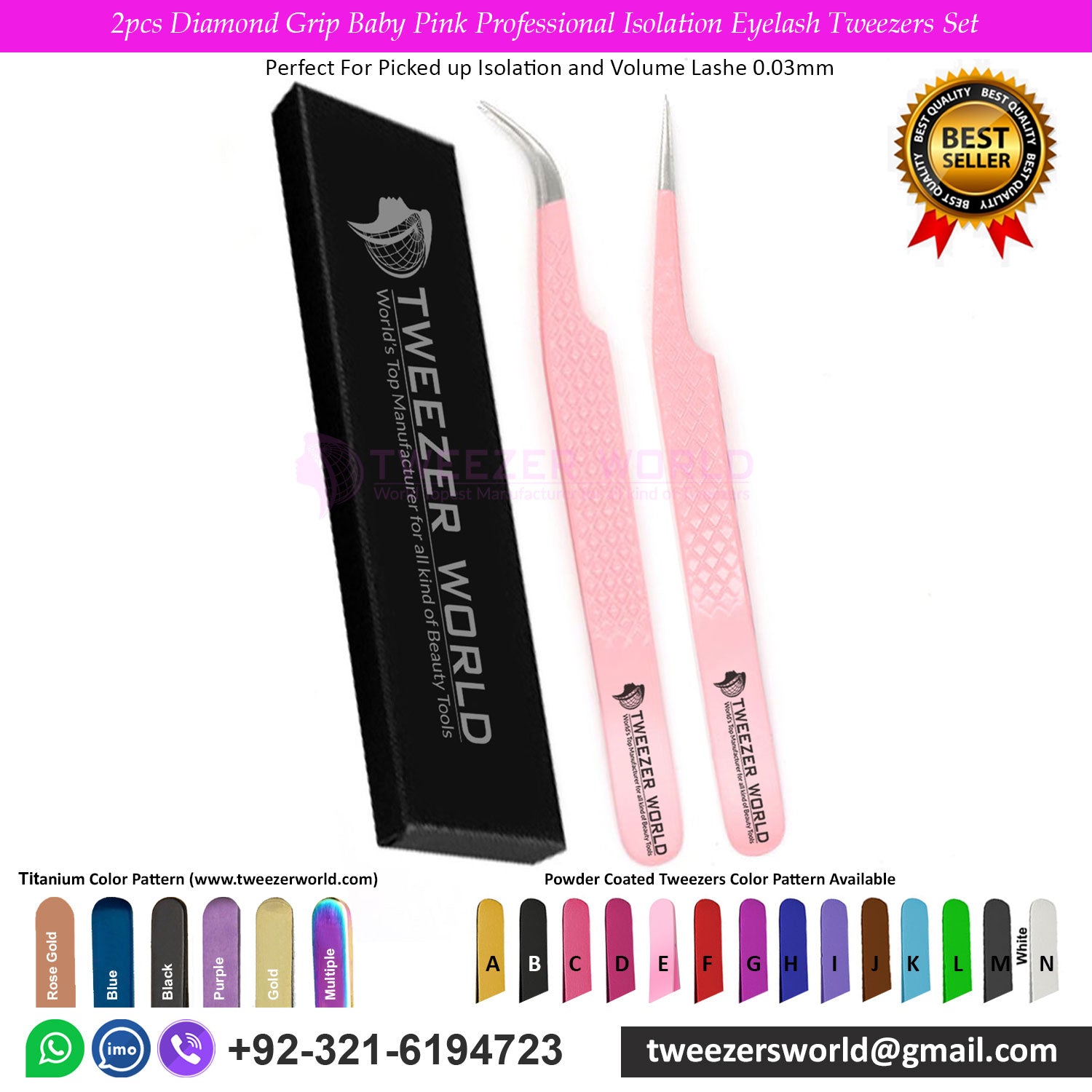 2pcs Diamond Grip Baby Pink Professional Curved Isolation Eyelash Tweezers Set
