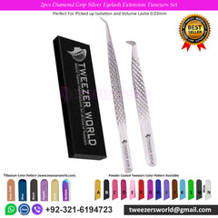 4pcs Diamond Grip Silver Eyelash Extension Tweezers Set