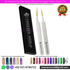 2pcs Diamond Grip White Handle With Gold Tip Straight Isolation Tweezers Set