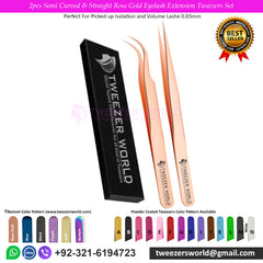 2pcs Semi Curved & Straight Rose Gold Eyelash Extension Tweezers Set