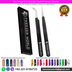 2pcs Straight & Curved Silver Eyelash Extension Tweezers Set