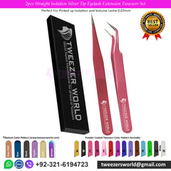 2pcs Straight Isolation Silver Tip Eyelash Extension Tweezers Set