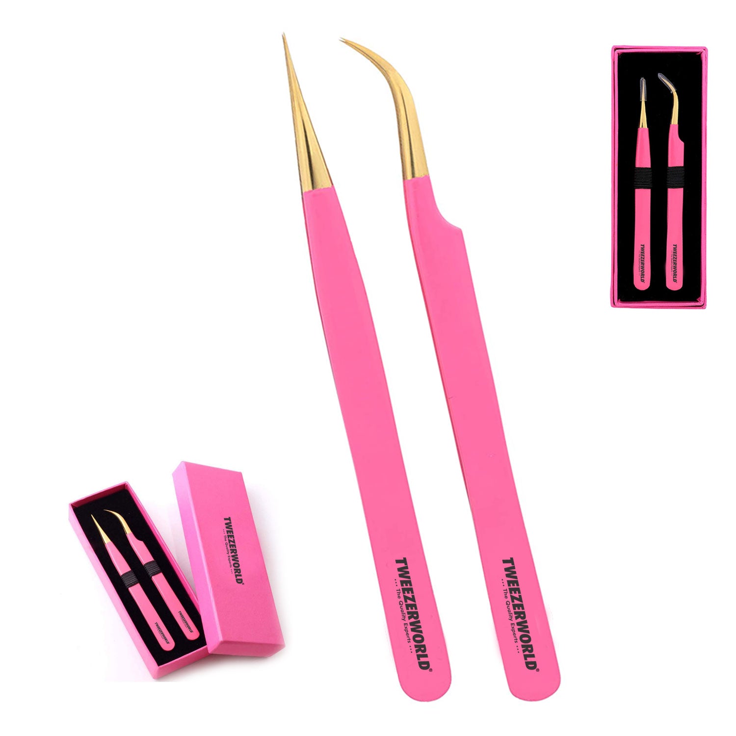 2pcs Pink Gold Best Eyelash Extension Tweezers Set