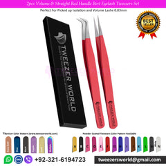 2pcs Volume & Straight Red Handle Best Eyelash Tweezers Set