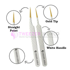 2pcs Diamond Grip White Handle With Gold Tip Straight Isolation Tweezers Set