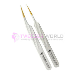 2pcs Diamond Grip White Handle With Gold Tip Straight Isolation Tweezers Set