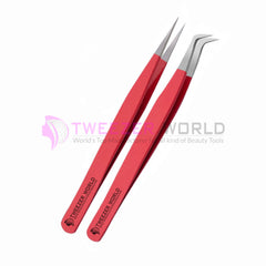 2pcs Volume & Straight Red Handle Best Eyelash Tweezers Set