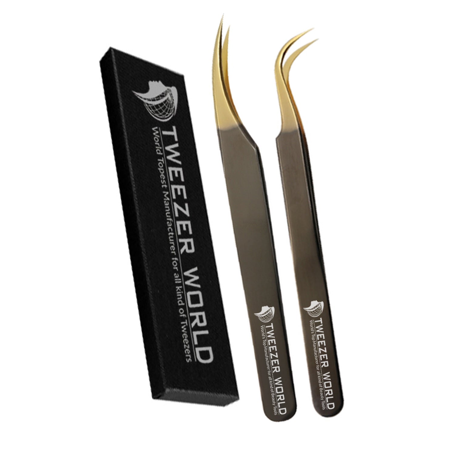 2pcs Black Handle Gold Tip Eyelash Extension Tweezers set