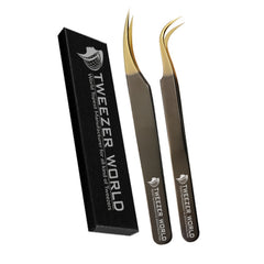2pcs Black Handle Gold Tip Eyelash Extension Tweezers set