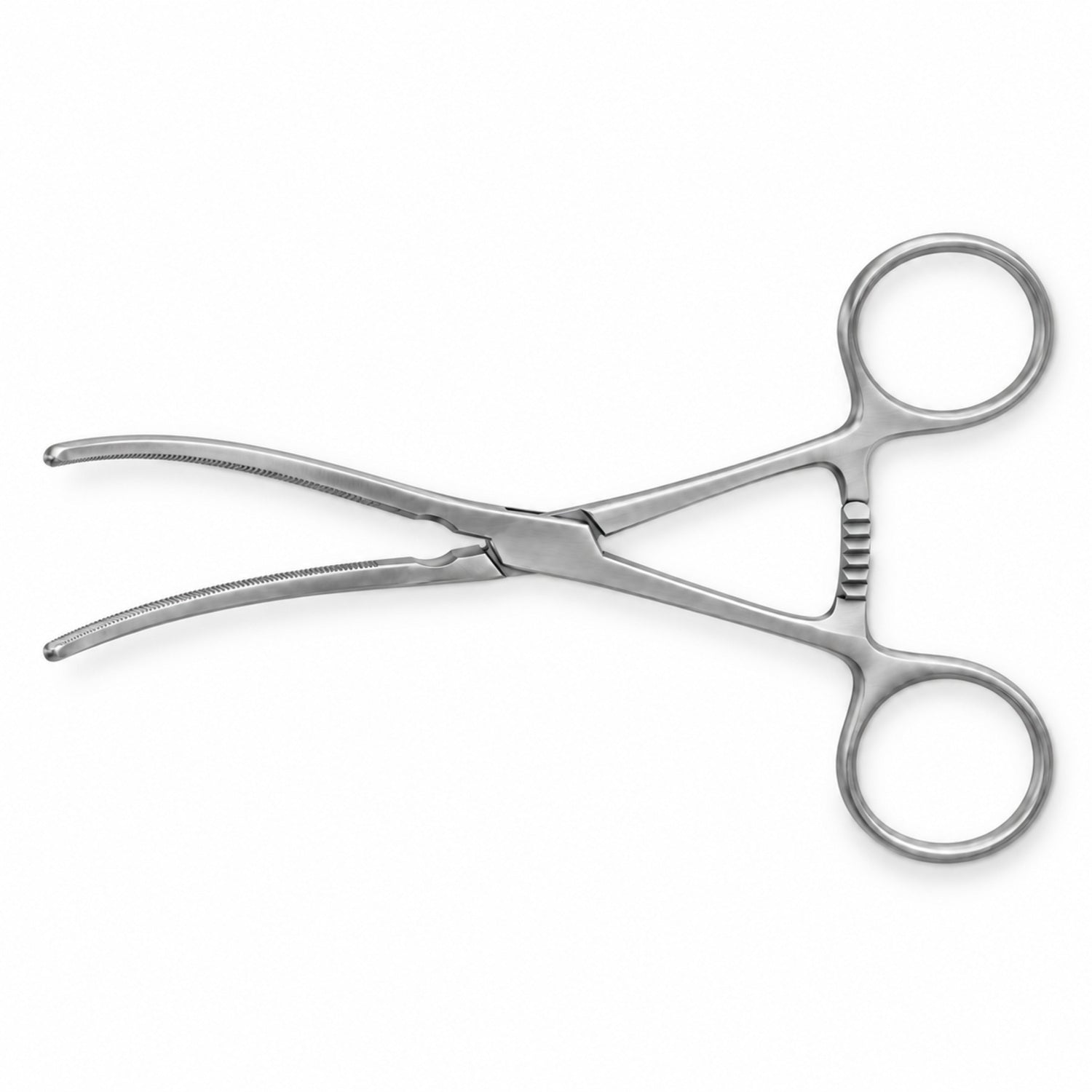 DeBakey Ring-Handle Bulldog Clamp – Curved, 48 mm Jaw — top view, catalogue illustration on white background