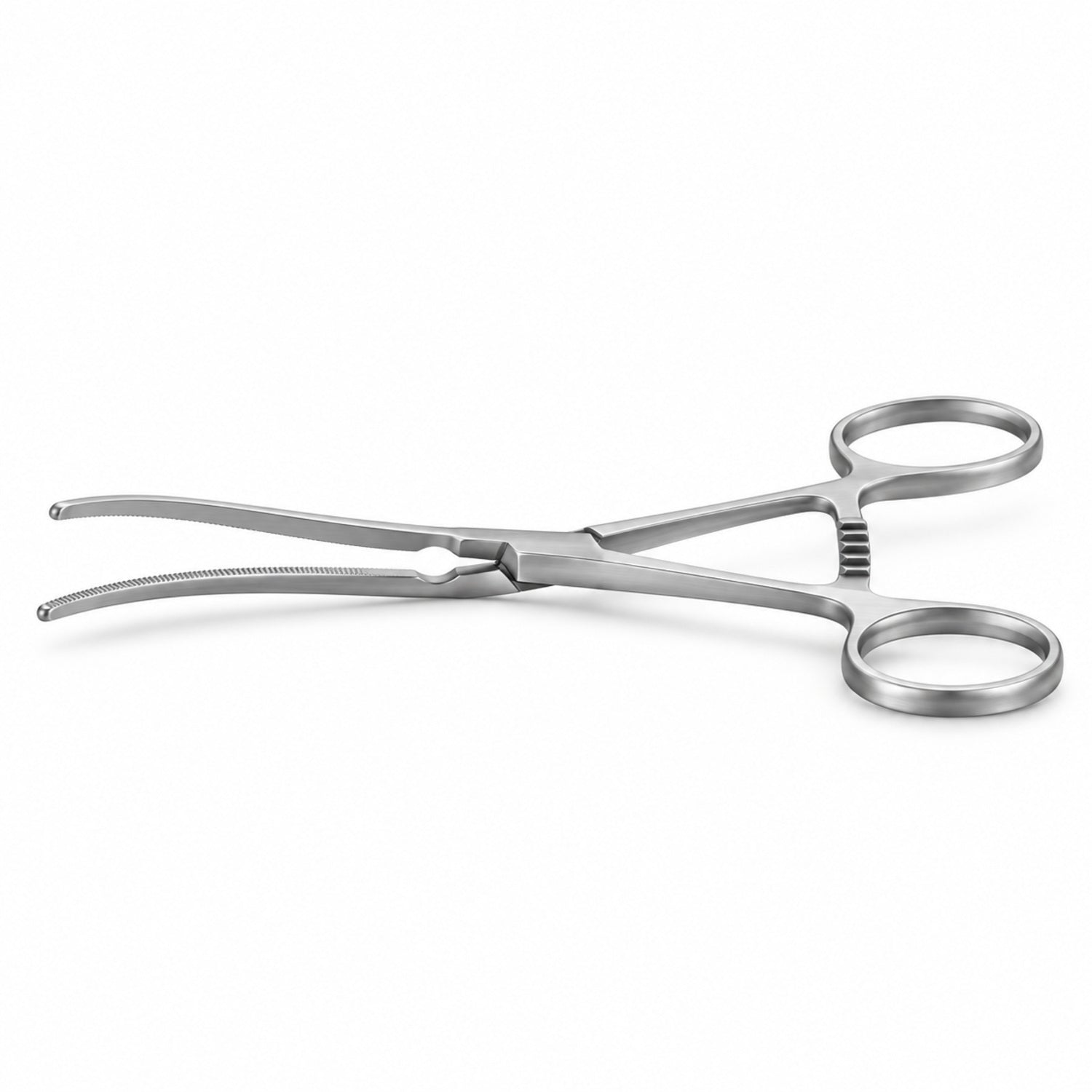 DeBakey Ring-Handle Bulldog Clamp – Curved, 48 mm Jaw — side profile, catalogue illustration on white background
