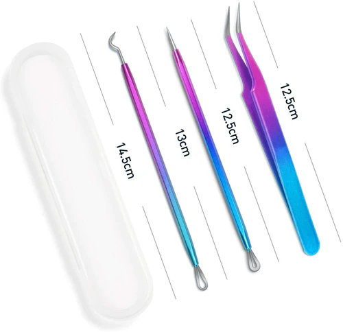 Set of gradient-colored skincare tools with measurements on a white background