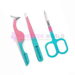 3Pcs Multiple Color Eyelash & Eyebrow Tweezers Set With Scissor