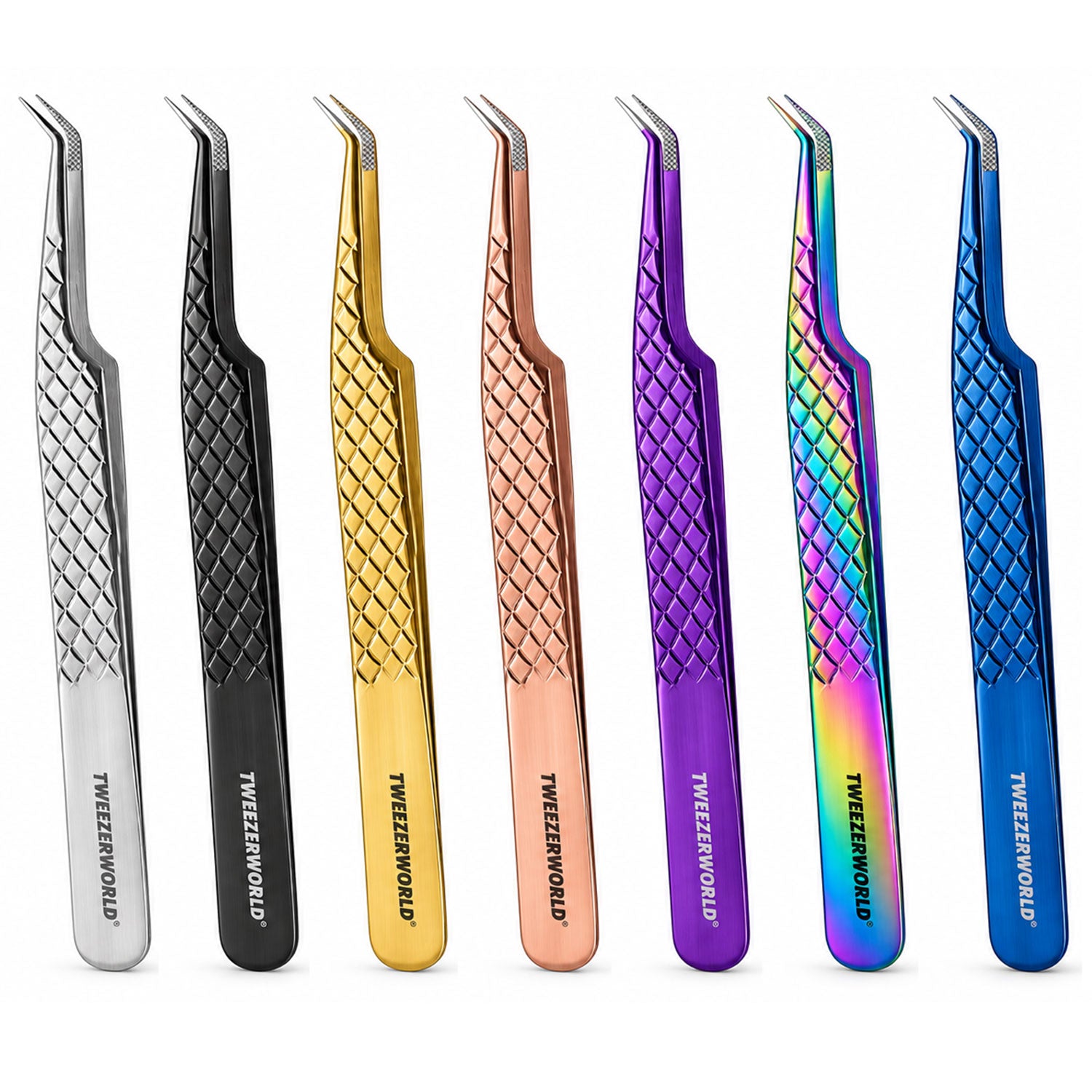 45 Degree Fiber Tip Lash Tweezers #7 Six pairs of precision tweezers in different finishes are lined up side-by-side on a white background. The finishes include silver, black, yellow gold, rose gold, purple, and a multicolor iridescent finish.
