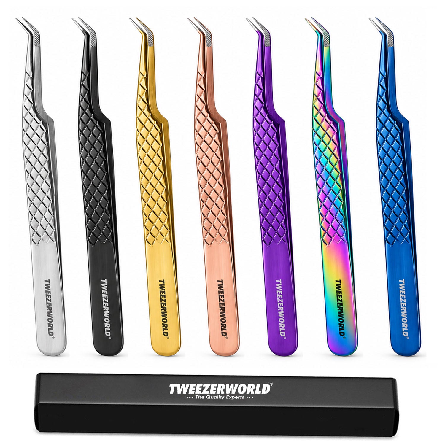 45 Degree Fiber Tip Lash Tweezers box 7 by TWEEZER WORLD. Six pairs of precision tweezers in different finishes (silver, black, gold, rose gold, purple, and iridescent rainbow) are displayed vertically above a black carrying case. The tweezers feature a diamond-textured grip and are branded with 'TWEEZER WORLD' on both the handles and the case.