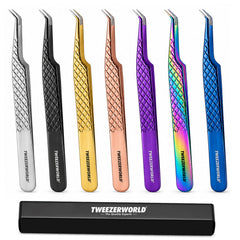 45 Degree Fiber Tip Lash Tweezers box 7 by TWEEZER WORLD. Six pairs of precision tweezers in different finishes (silver, black, gold, rose gold, purple, and iridescent rainbow) are displayed vertically above a black carrying case. The tweezers feature a diamond-textured grip and are branded with 'TWEEZER WORLD' on both the handles and the case.