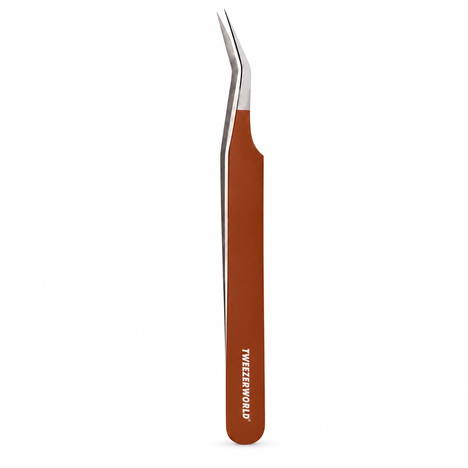 45° Long 14mm Tip Lash Tweezers | Brown handle, silver tip | TWEEZER WORLD®