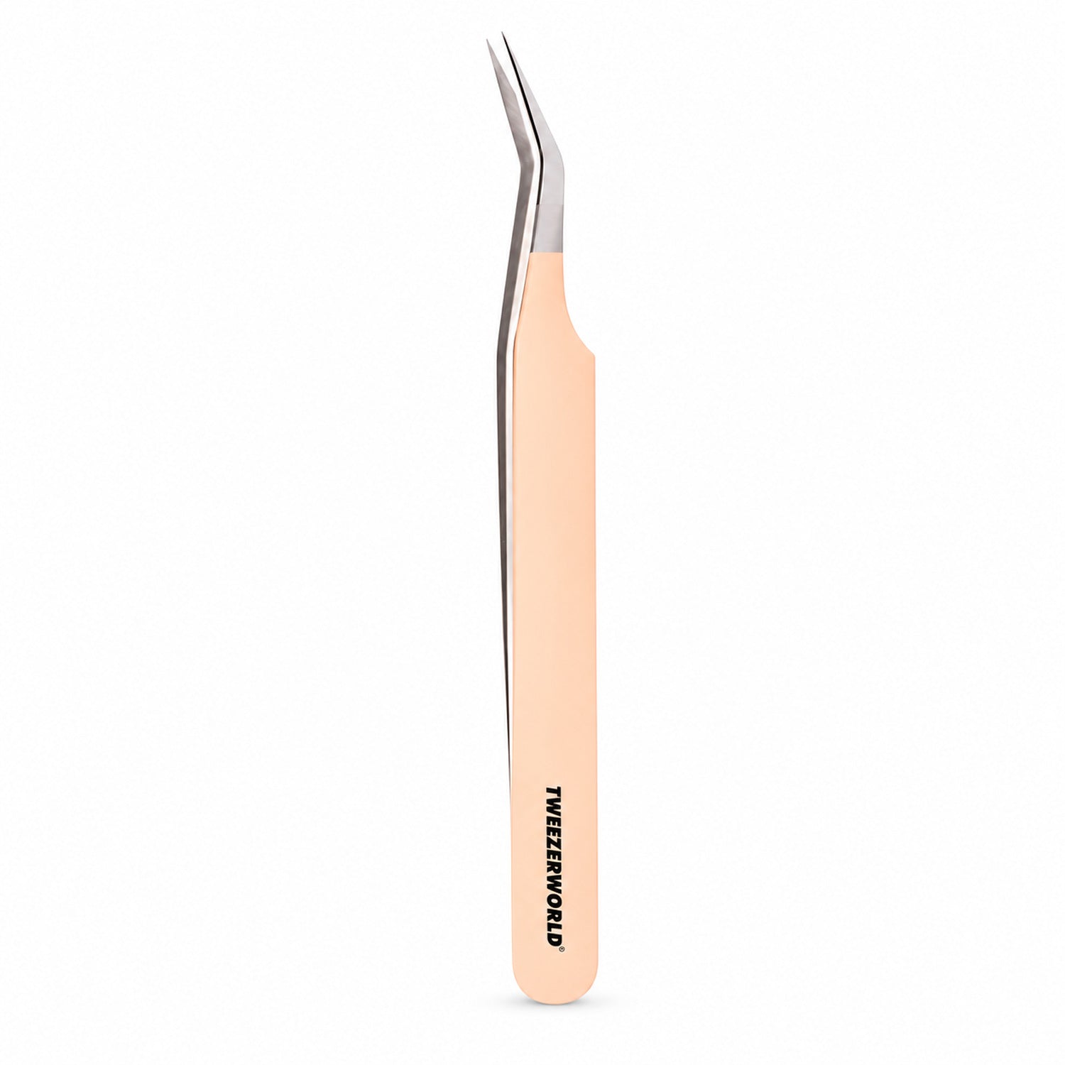 45° Long 14mm Tip Lash Tweezers | Nude handle, silver tip | TWEEZER WORLD®