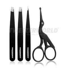 Set of black tweezers and scissors with 'TweezerWorld' branding on a white background.