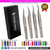 4pcs Diamond Grip Silver Eyelash Extension Tweezers Set