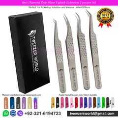 4pcs Diamond Grip Silver Eyelash Extension Tweezers Set