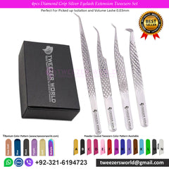 4pcs Diamond Grip Silver Eyelash Extension Tweezers Set