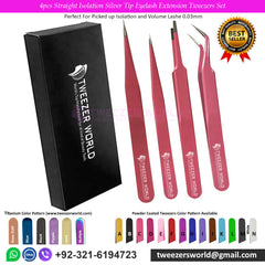 4pcs Straight Isolation Silver Tip Eyelash Extension Tweezers Set