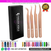 4pcs Titanium Coated Rose Gold Pro Eyelash Extension Tweezers Set