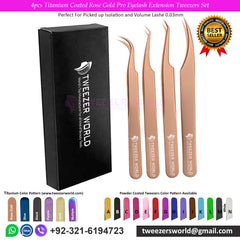 4pcs Titanium Coated Rose Gold Pro Eyelash Extension Tweezers Set
