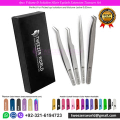 4pcs Volume & Isolation Silver Eyelash Extension Tweezers Set