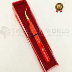 Powder Coated Red Handle With Gold Fiber Tip Eyelash Extension Tweezer