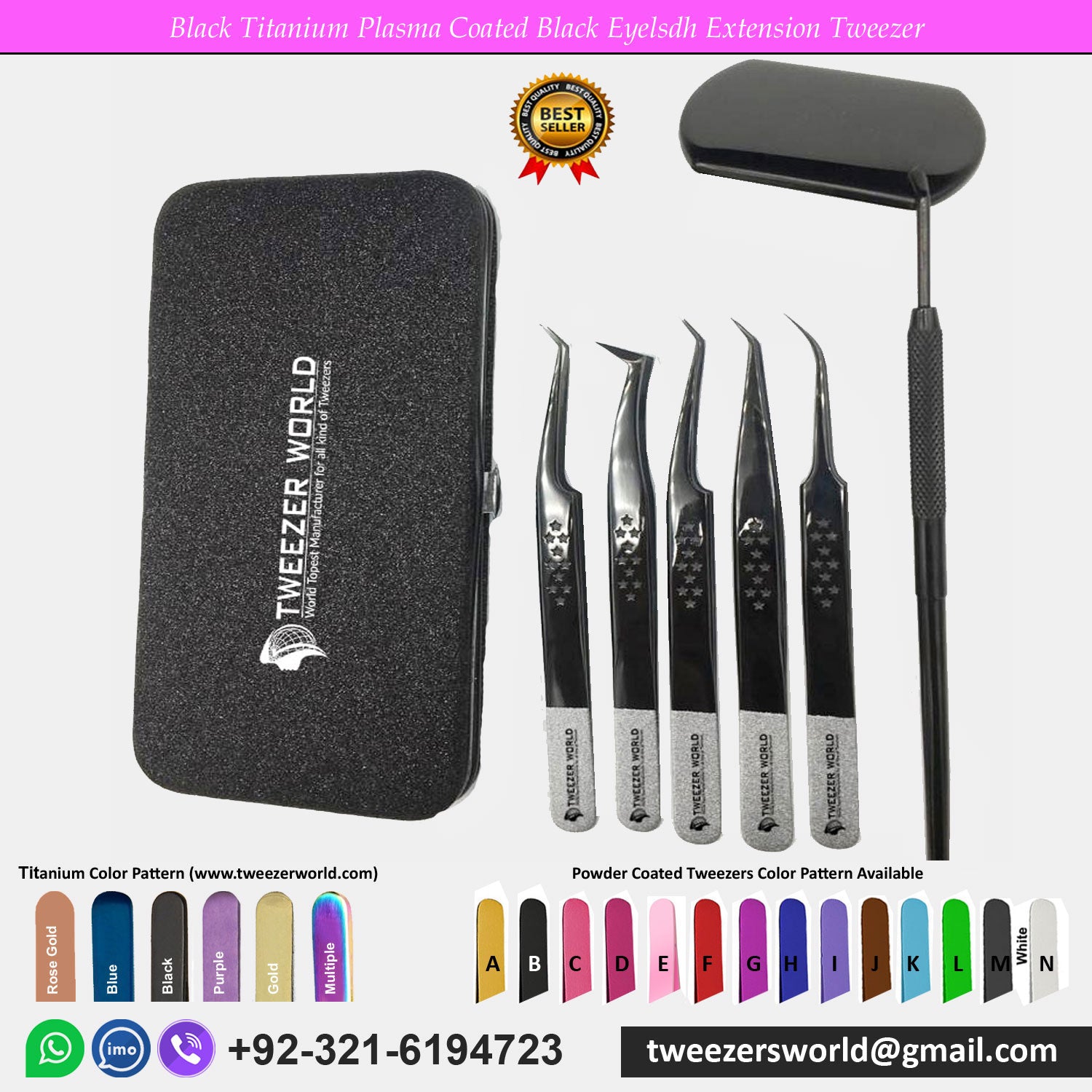 5 Pcs Titanium Black Coated Eyelash Extensions Tweezers Set with Eyelash Mirror and Magnet Box - TWEEZER WORLD