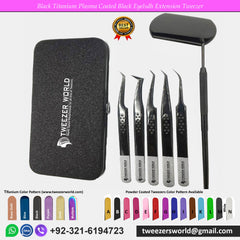 5 Pcs Titanium Black Coated Eyelash Extensions Tweezers Set with Eyelash Mirror and Magnet Box - TWEEZER WORLD