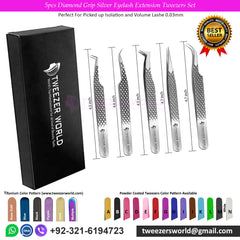 5pcs Diamond-Grip Silver Eyelash-Extension Tweezers Set