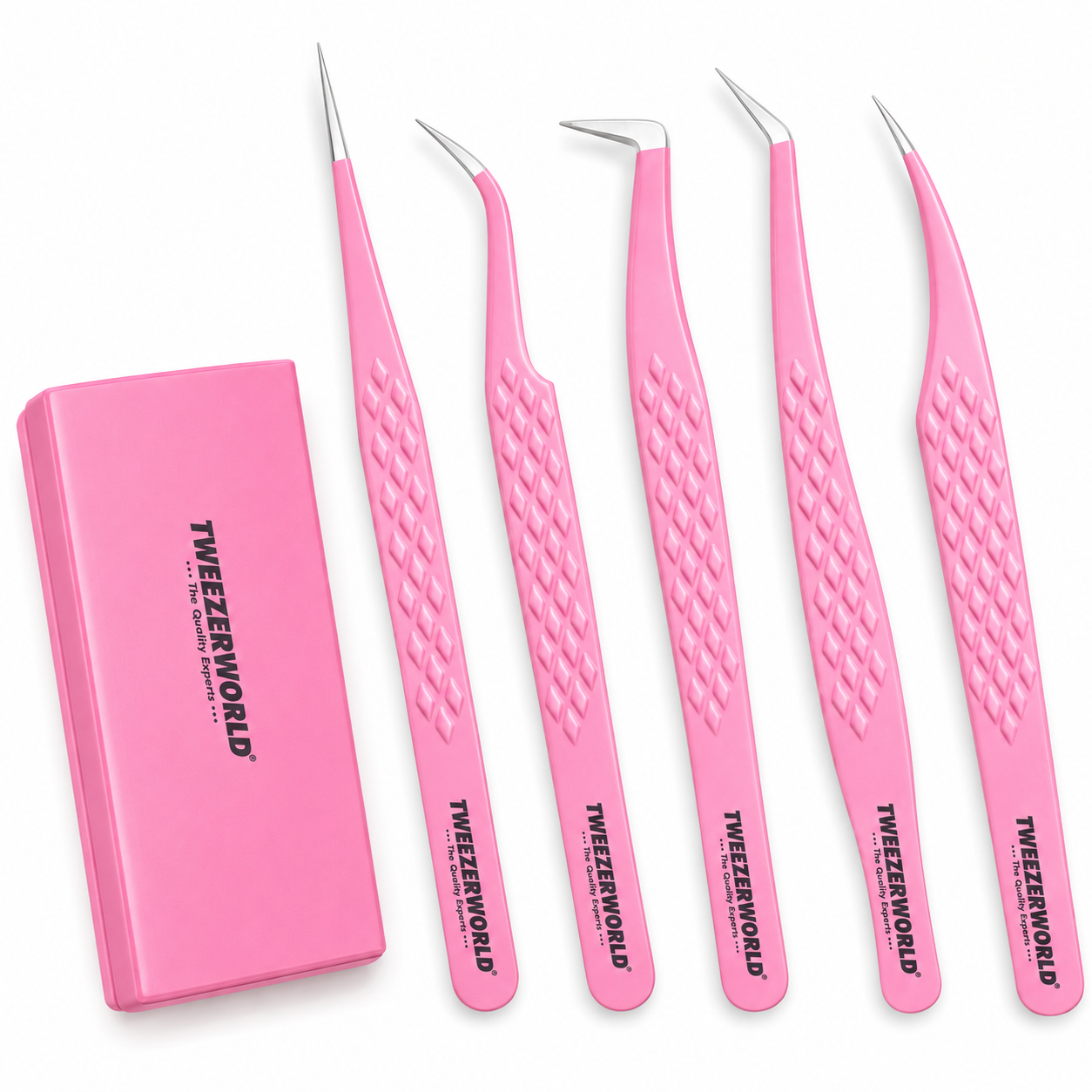 Five pink professional tweezers with silver metal tips arranged next to a matching pink storage case on a white background. The tweezers are branded with 'TWEEZERWORLD' printed vertically near the handles.