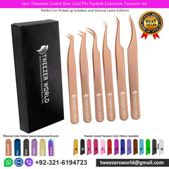6pcs Titanium Coated Rose Gold Pro Eyelash Extension Tweezers Set