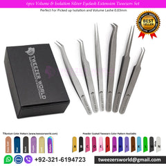 6pcs Volume & Isolation Silver Eyelash Extension Tweezers Set