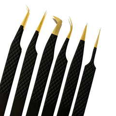 6pcs Best Black Gold Tweezers Lash Extensions Set - TWEEZER WORLD