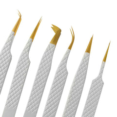6pcs White Handle Gold Tip Pro Best Lash Tweezers Set