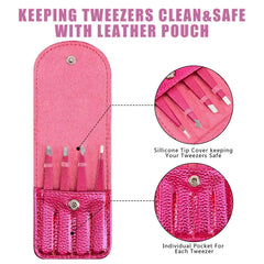 4-piece,Professional Slant Tip and Pointed Tweezers with Leather Case