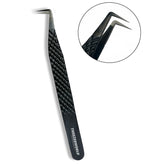 Black angled tweezers with a textured diamond-patterned handle and a circular inset showing a close-up of the metal tips, on a white background.